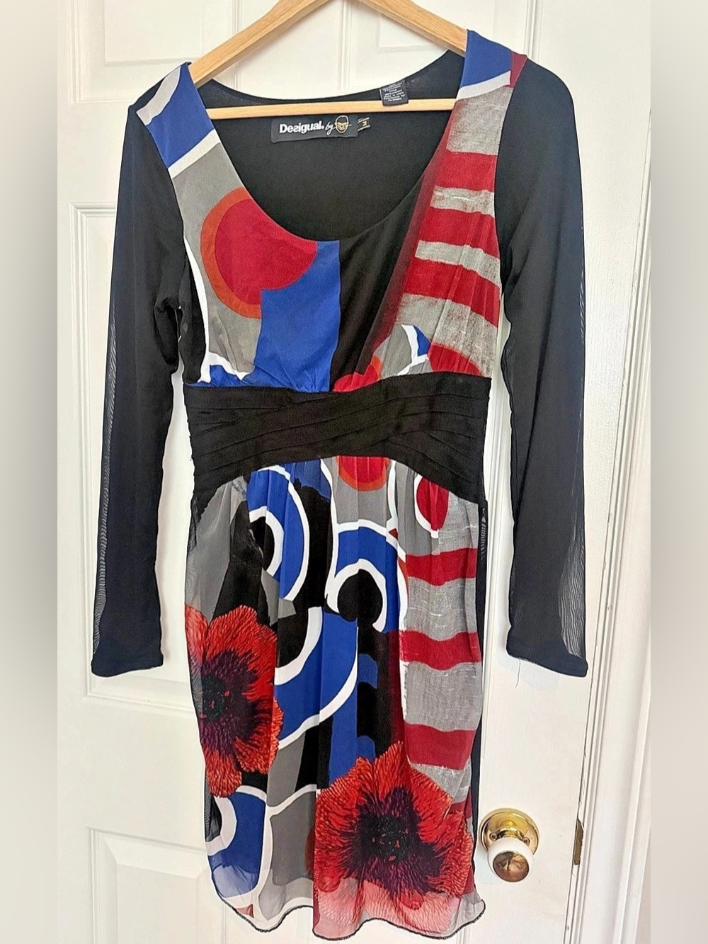 Desigual Abstract Midi Dress in Black & Blue Size Medium